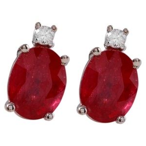 4.18 Ct Red Ruby & Diamond 14KW Gold Stud Earring